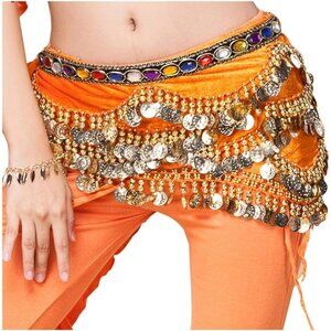 Women's Orange Triangular Belly Dancing Hip Scarf Wrap Skirt with Gold Coins